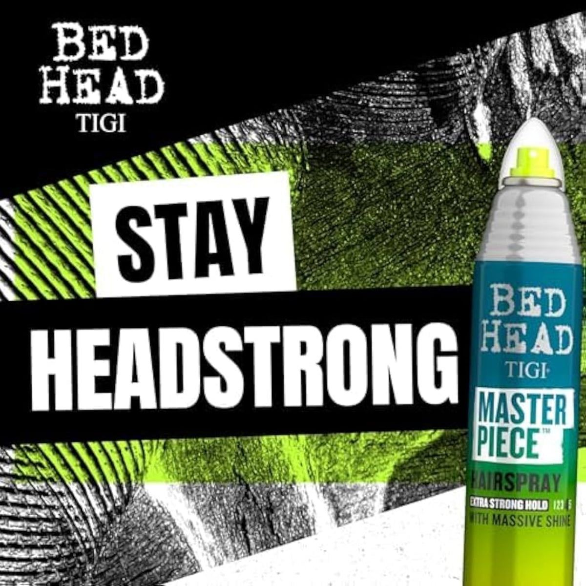 TIGI Bed Head Masterpiece hairspray bottle with text on a graphic background