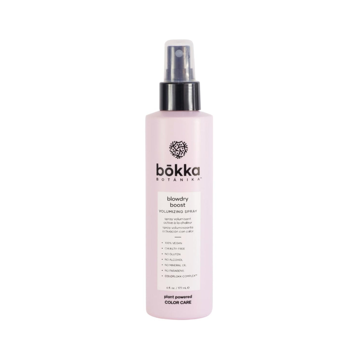 A bottle of Bökka Botanicals Blowydry Boost Volumizing Spray, featuring a pale pink bottle, white label, and black spray nozzle, set against a plain white background.