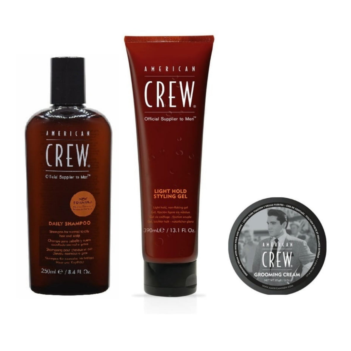 A set of American Crew hair care products including daily shampoo, light hold gel, and grooming cream.