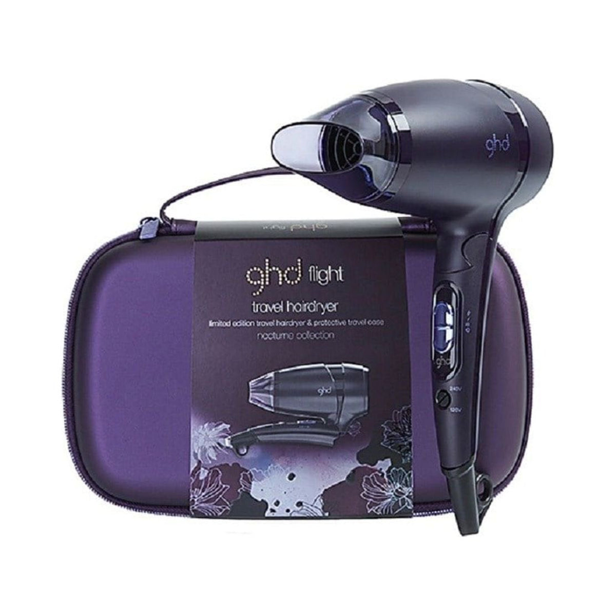 ghd travel hair dryer with purple case on a white background