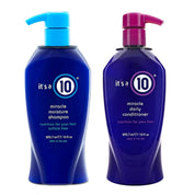 Two bottles of 'it's a 10' shampoo and conditioner on a white background