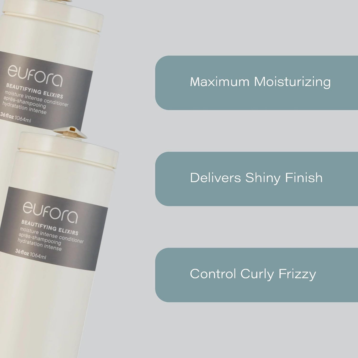 Two bottles of Eufora hair product with text highlighting features on a light gray background
