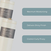 Two bottles of Eufora hair product with text highlighting features on a light gray background