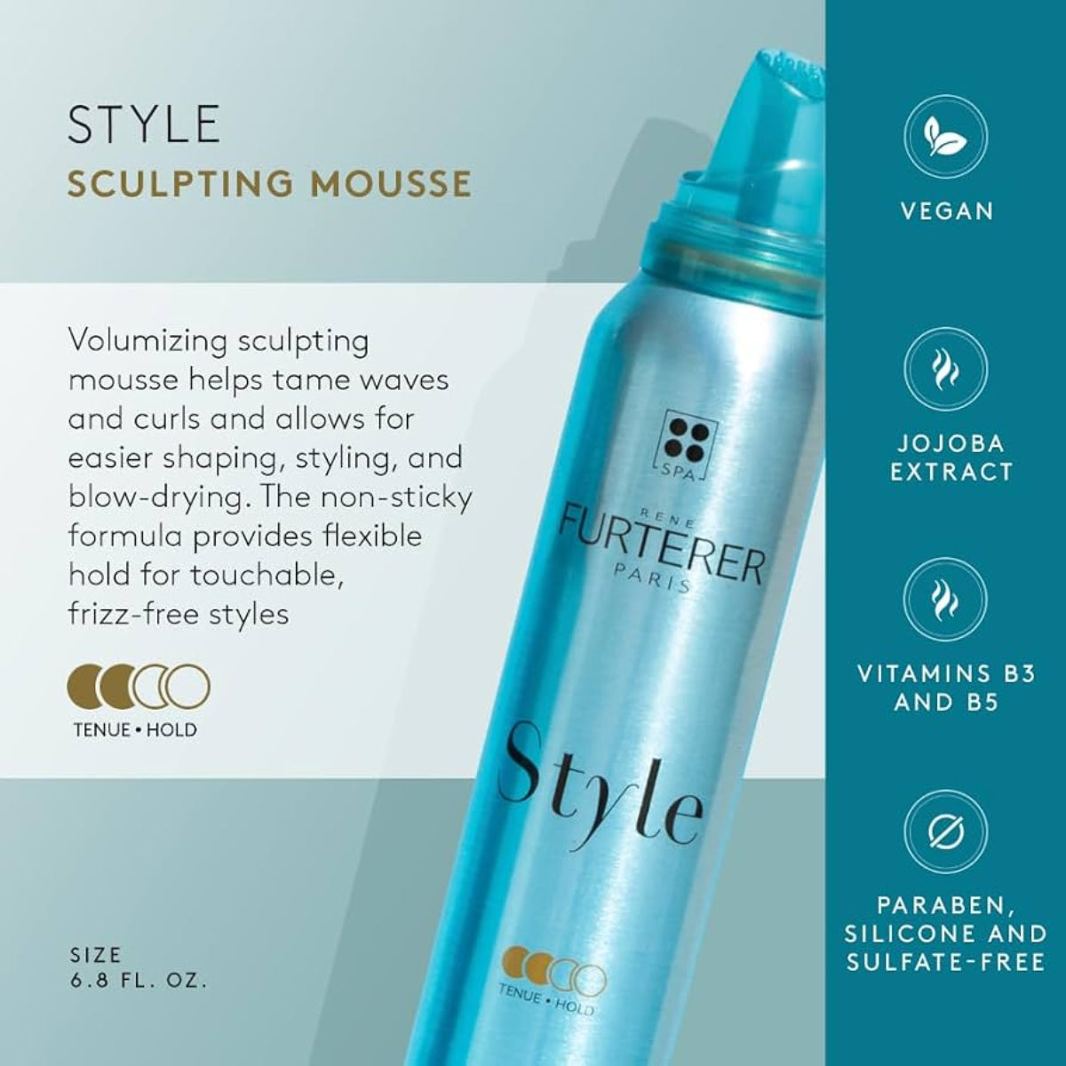 A bottle of Tenue Furterer Style Sculpting Mousse in a metallic light blue packaging, shown on a split graphic background with text detailing its benefits and ingredients.