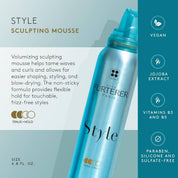 A bottle of Tenue Furterer Style Sculpting Mousse in a metallic light blue packaging, shown on a split graphic background with text detailing its benefits and ingredients.
