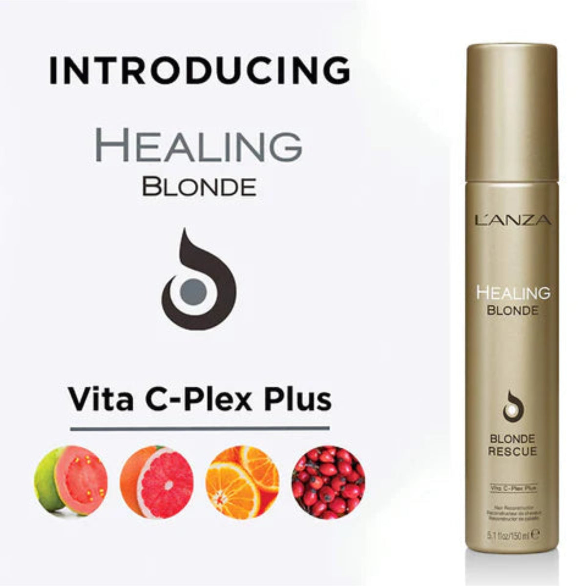 L'ANZA Healing Blonde Vita C-Plex Plus hair product on a white background with colorful fruit icons.