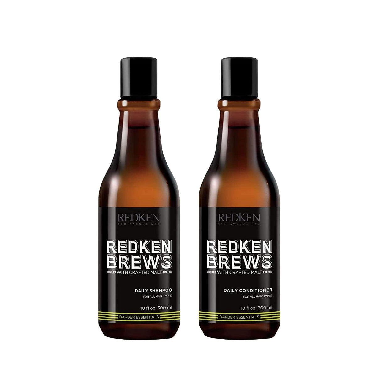 Two bottles of Redken Brews shampoo and conditioner on a white background