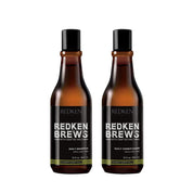 Two bottles of Redken Brews shampoo and conditioner on a white background