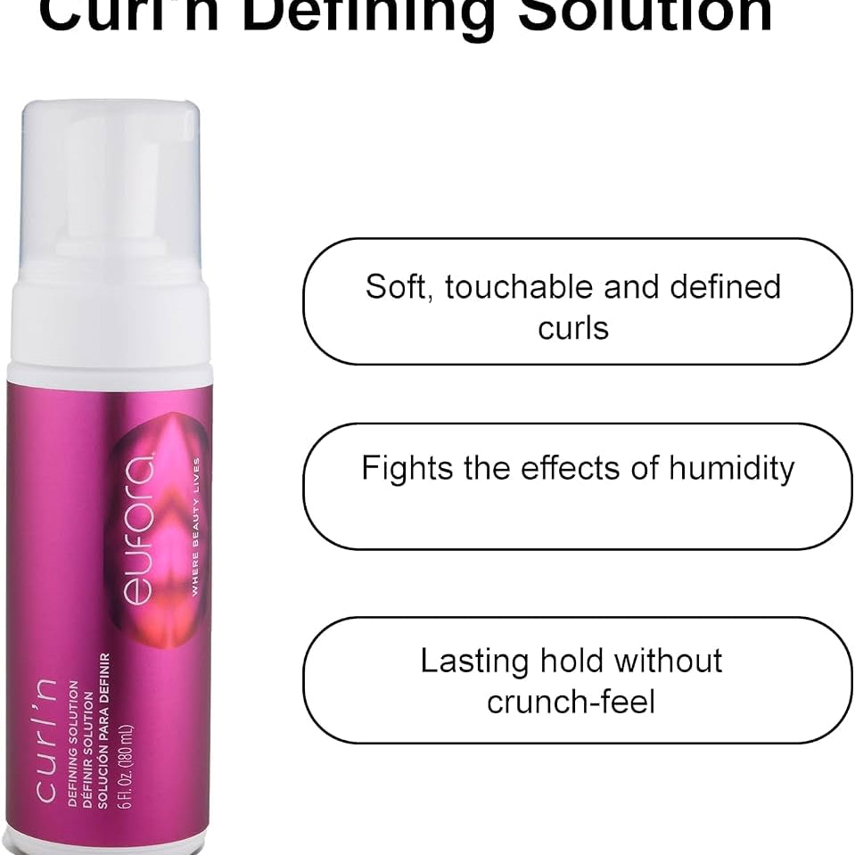 A bottle of curl'n Defining Solution with a white cap and a bright pink label, shown on a white background with three feature callout boxes describing the product benefits.