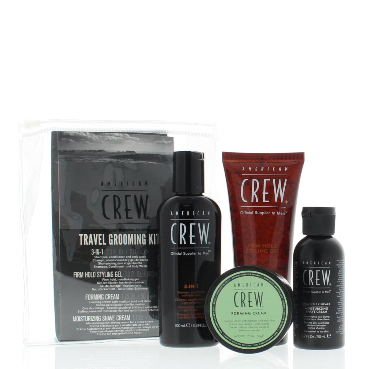 American Crew grooming kit with various products on a white background