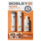 Bosley MD Revive Volumizing System packaging with hair product bottles and before/after images on an orange background.