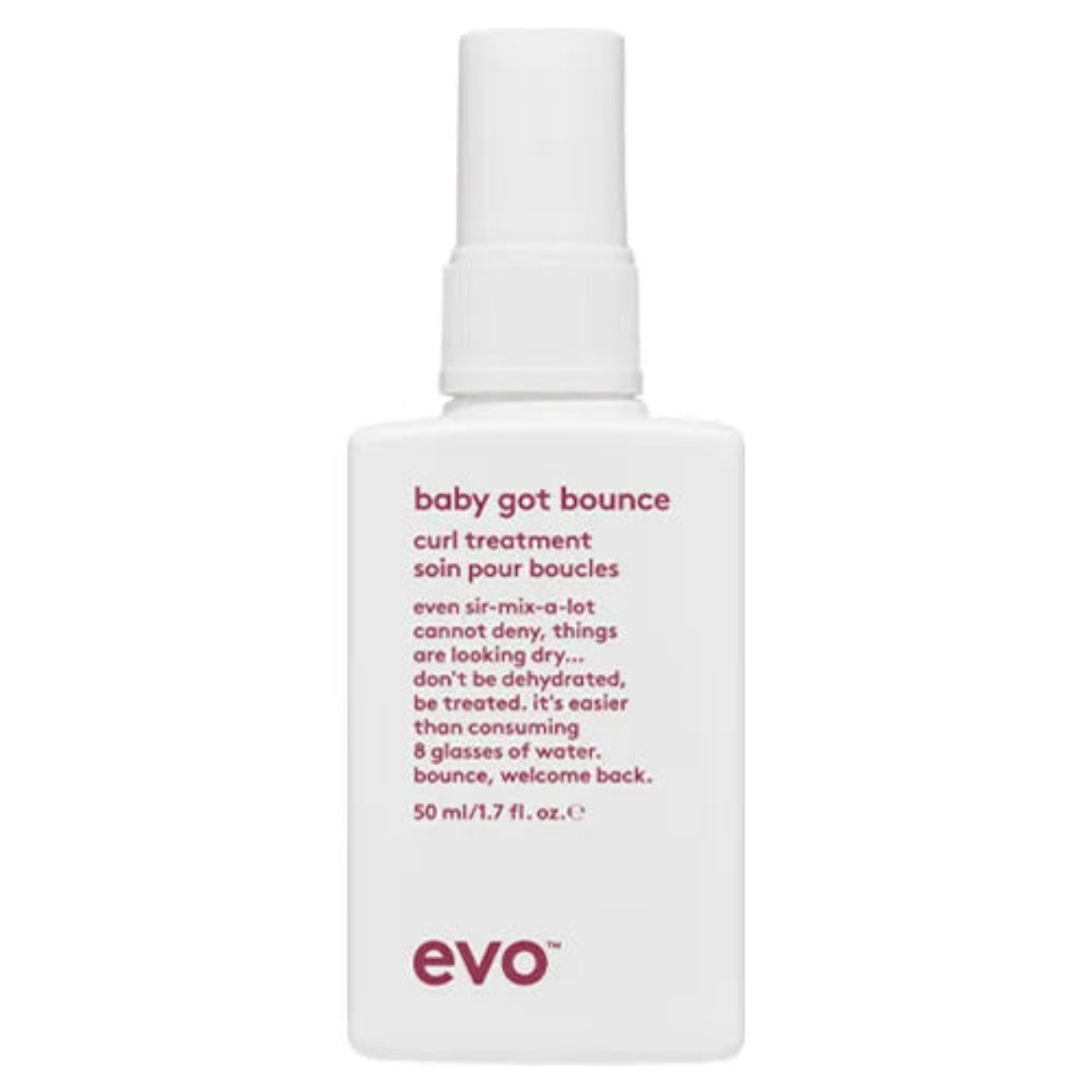 A white bottle of EVO Baby Got Bounce curl treatment with pink text on a plain white background.
