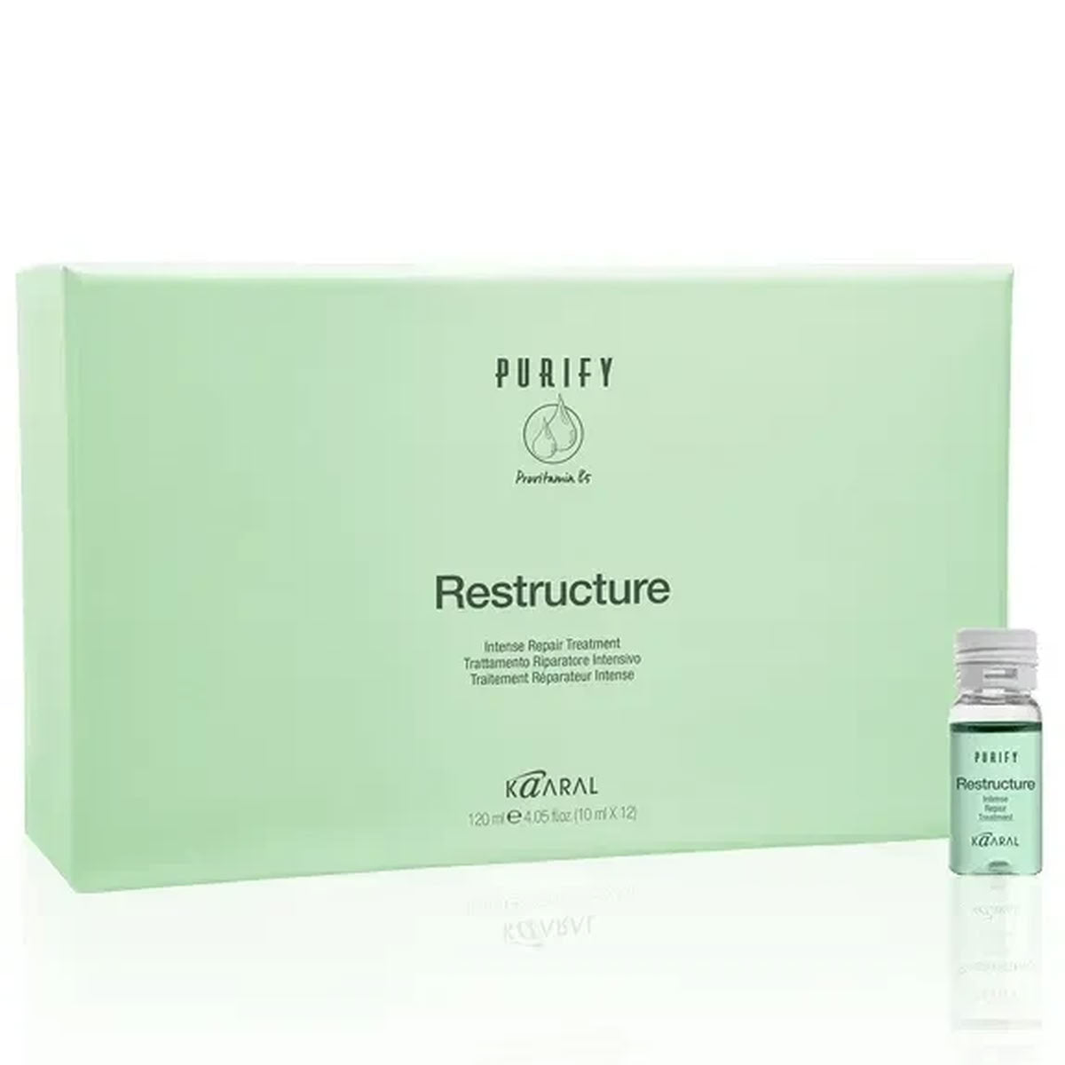 A pale mint green box labeled PURIFY Restructure by KAARAL, shown with a small matching glass vial on a clean white background.