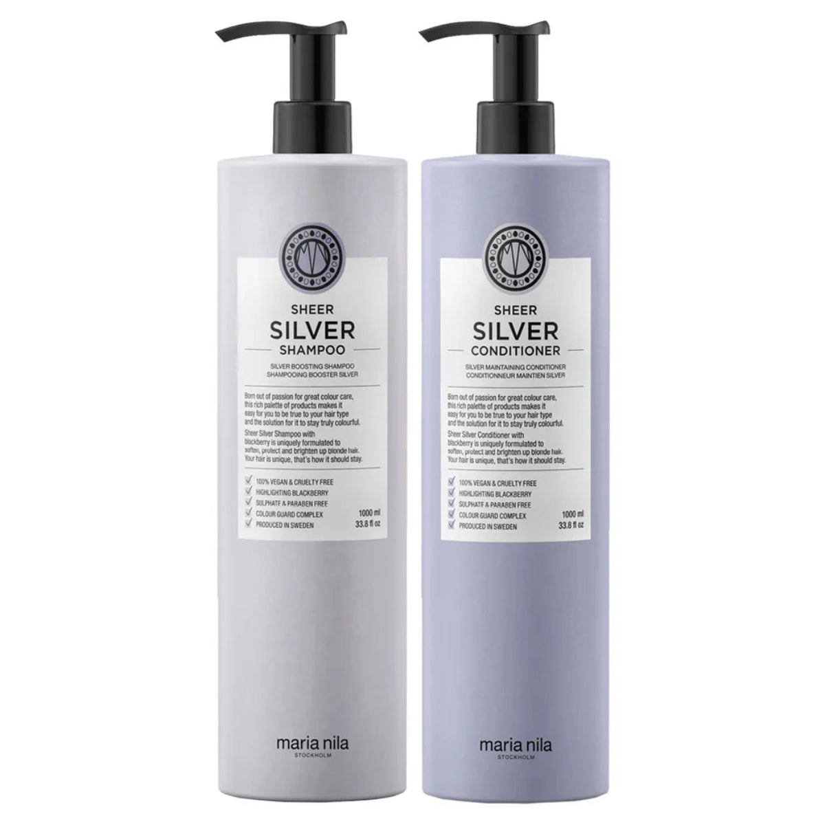 Two bottles of Maria Nila Sheer Silver shampoo and conditioner on a white background
