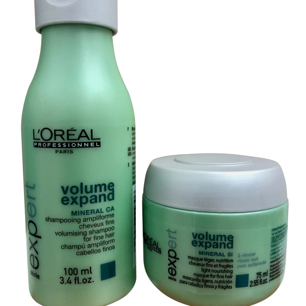 L'Oreal Professionnel volume expand shampoo and mask on a white background