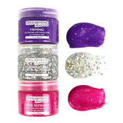 Three Spascriptions face mask jars with glittery textures and colors on a white background.