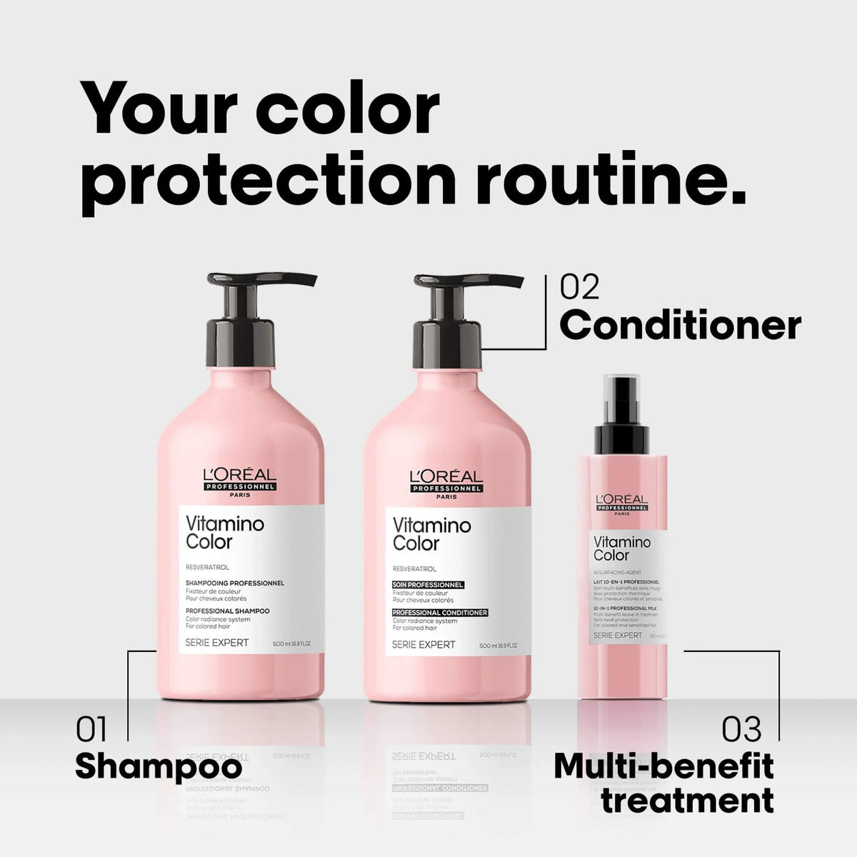 Three pink L'Oréal Professionnel Vitamine Color haircare bottles arranged on a light gray background with black text labels reading Shampoo, Conditioner, and Multi-benefit treatment.