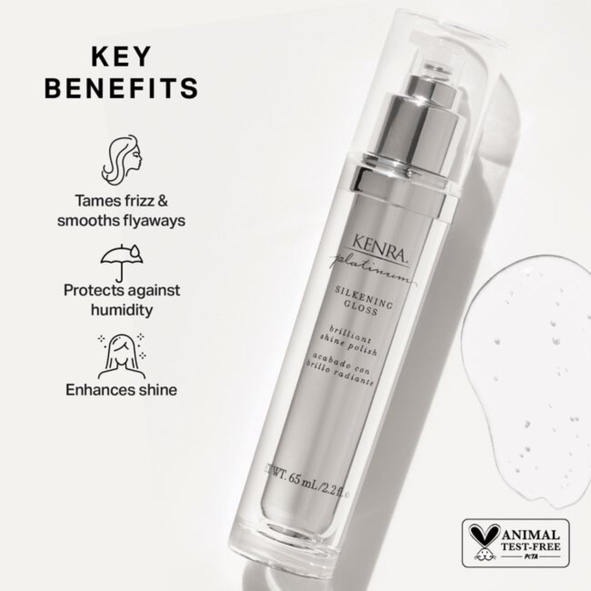 Kenra Silkening Gloss bottle with key benefits listed on a white background