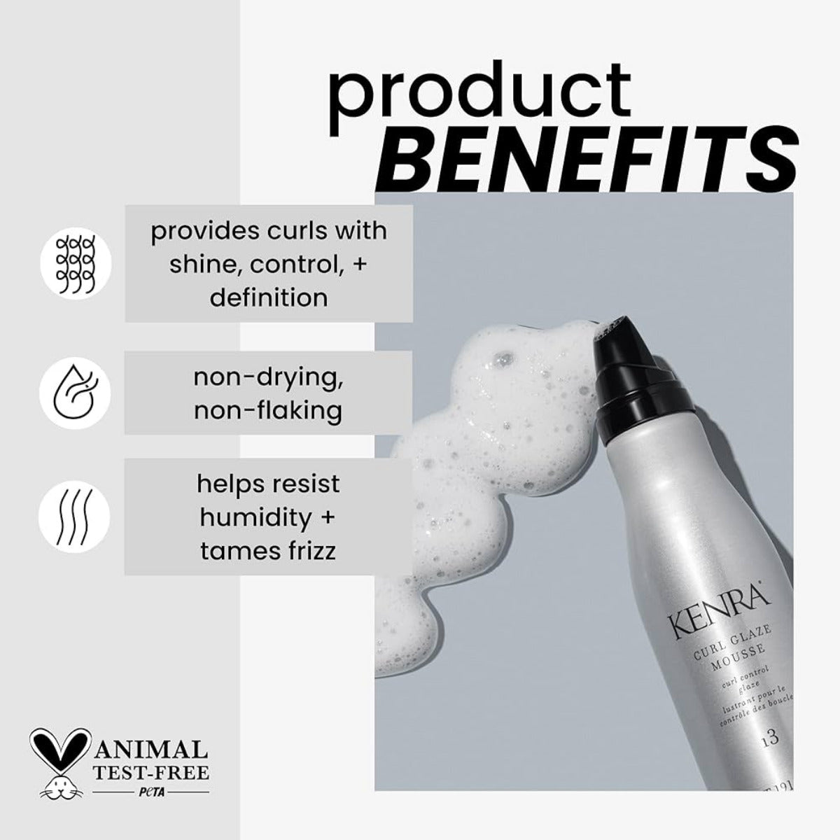 Kenra Curl Glaze Mousse bottle with product benefits listed on a gray background