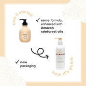 Comparison of old and new packaging for a hair care product with text about Amazon rainforest oils.