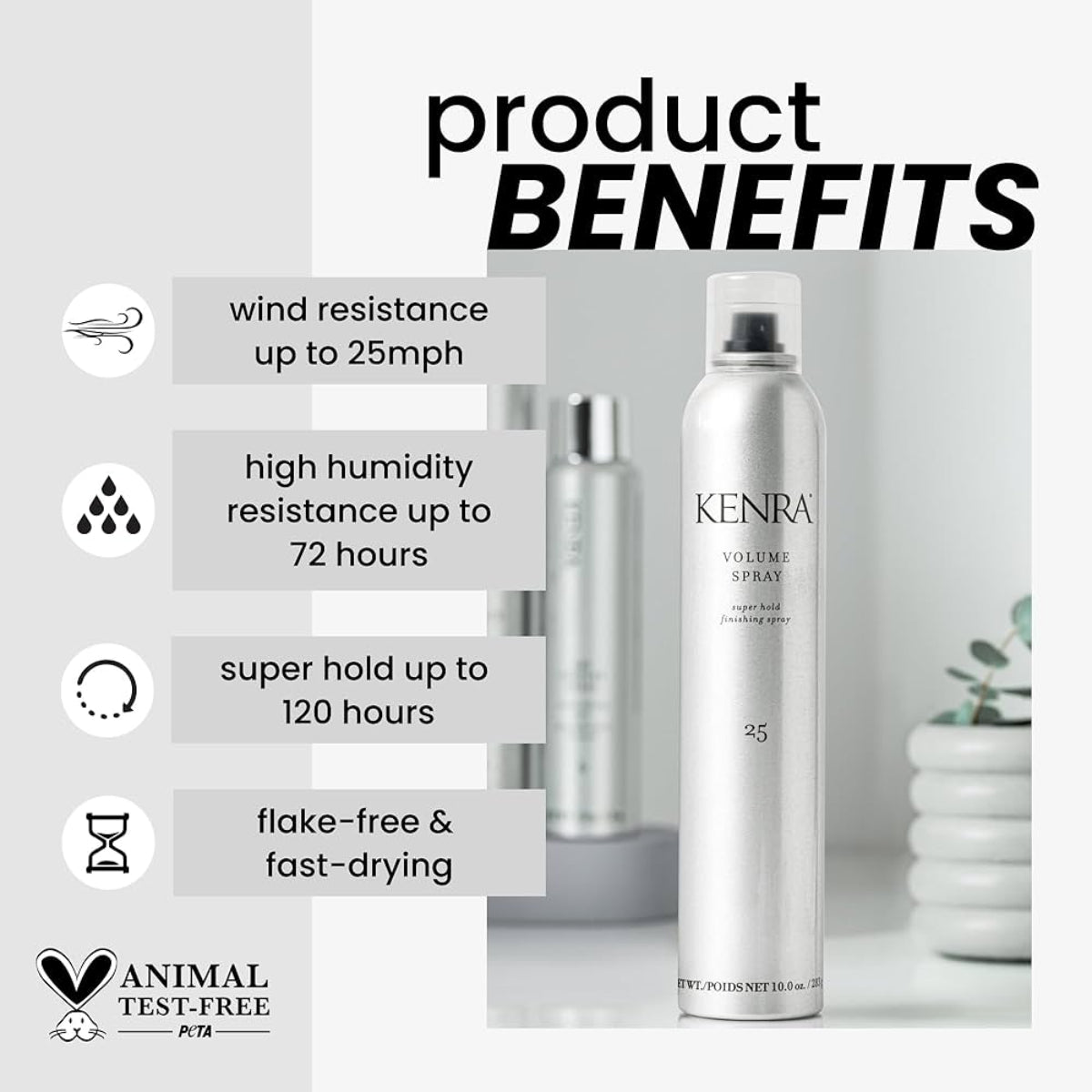 Kenra Volume Spray with product benefits listed on a white background