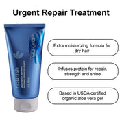 A blue tube of nourish Urgent Repair Treatment by eurora, shown next to three white rounded text boxes describing its moisturizing, protein-infused repair benefits, and USDA organic aloe vera base on a white background.
