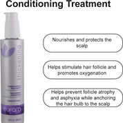 A bottle of Eurora Thickening Conditioning Treatment shown on a white background with three text callouts describing benefits: nourishes and protects the scalp, helps stimulate hair follicle and promotes oxygenation, and helps prevent follicle atrophy and asphyxia while anchoring the hair bulb to the scalp.
