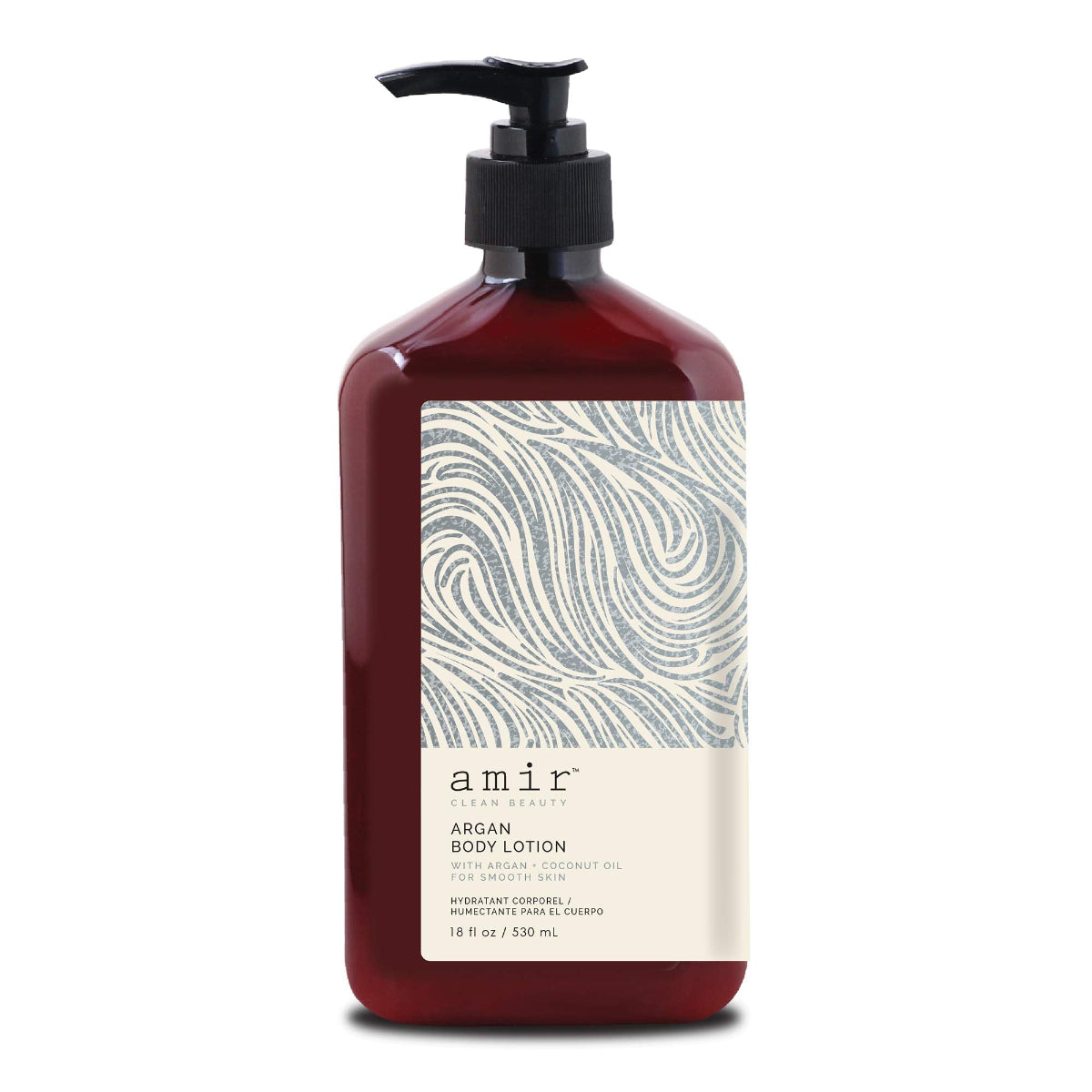 Red bottle of Amir Argan Body Lotion with a patterned label on a white background