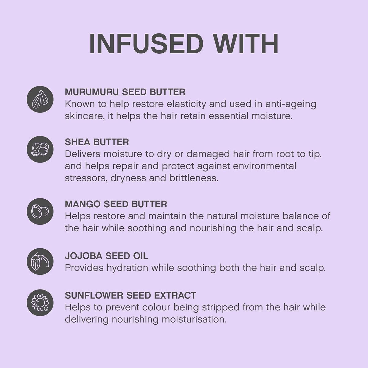 An informational graphic on a light lavender background with the heading 'INFUSED WITH' and a list of ingredients: Murumuru seed butter, Shea butter, Mango seed butter, Jojoba seed oil, and Sunflower seed extract, each with a small dark icon and descriptive text.