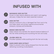 An informational graphic on a light lavender background with the heading 'INFUSED WITH' and a list of ingredients: Murumuru seed butter, Shea butter, Mango seed butter, Jojoba seed oil, and Sunflower seed extract, each with a small dark icon and descriptive text.