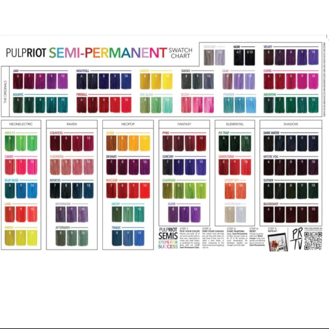 Pulp Riot semi-permanent hair color swatch chart on a white background