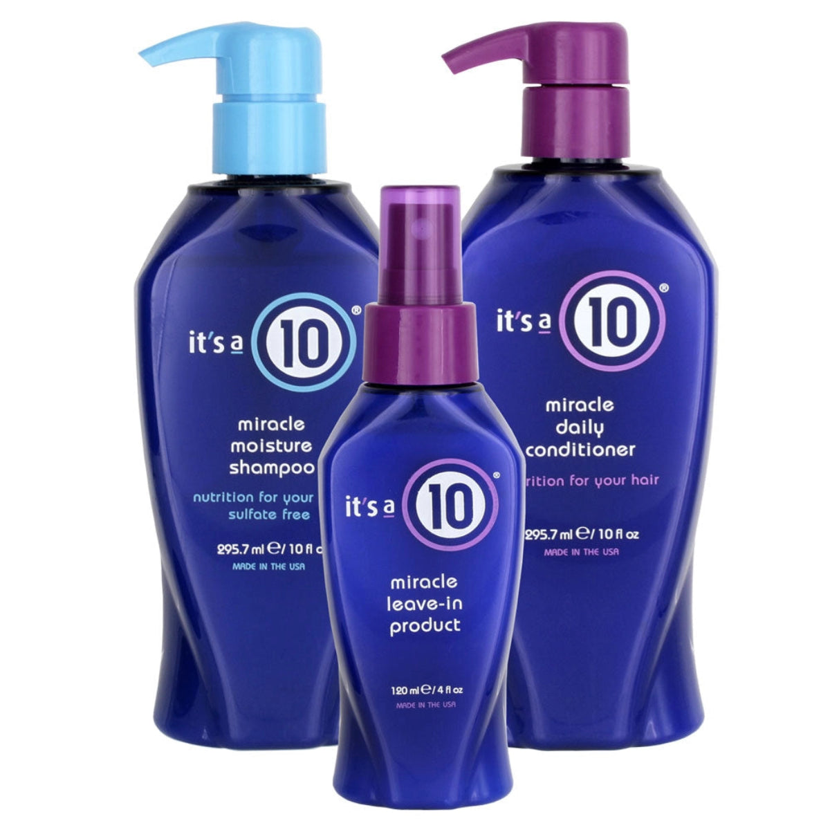 Set of 'it's a 10' hair care products including shampoo, conditioner, and leave-in product on a white background.