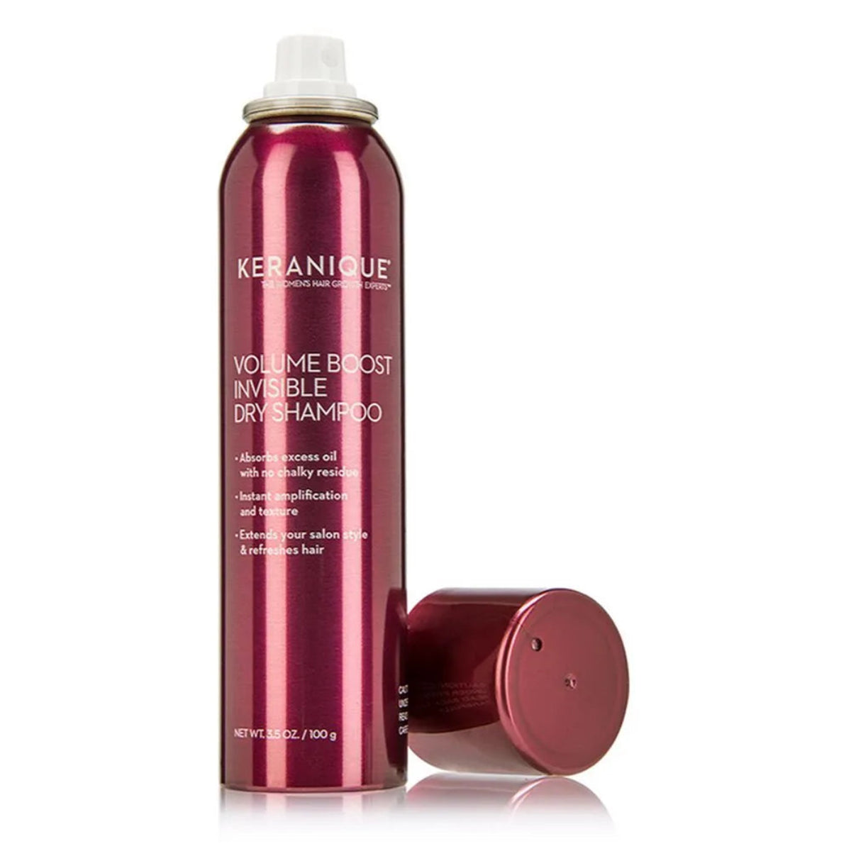 Keranique Volume Boost Invisible Dry Shampoo can on a white background