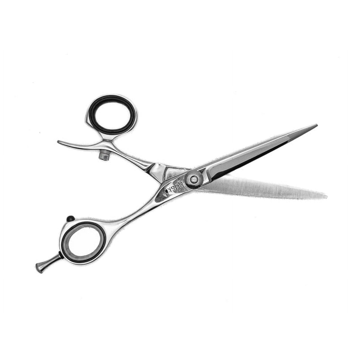 A pair of professional hairdressing shears with polished silver stainless steel blades and black finger rings, shown on a plain white background.