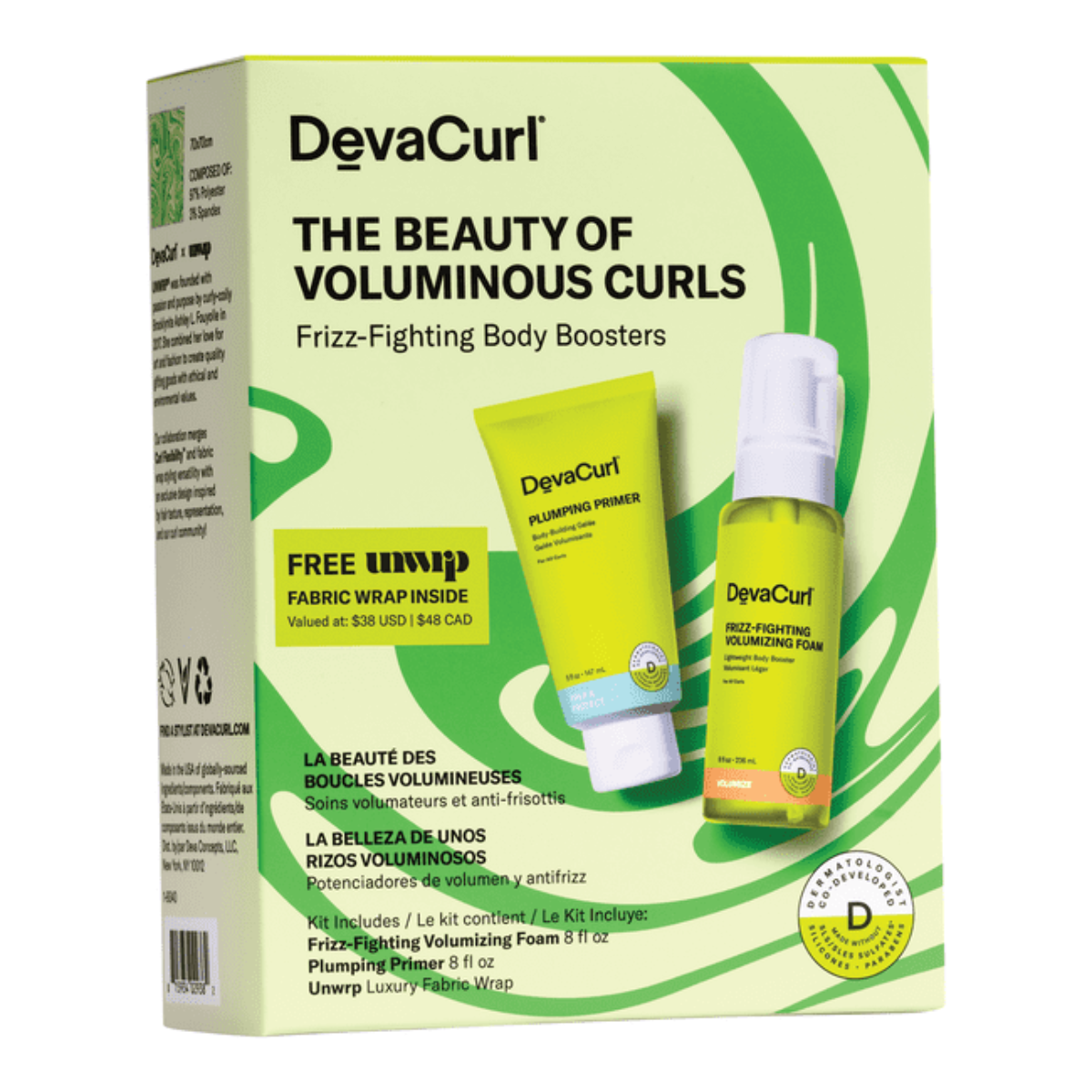 Packaging for DevaCurl Va-Va-Voluminous Curls Frizz-Fighting Body Boosters, including a bottle of volumizing foam and a tube of plumping primer with a green and white design.