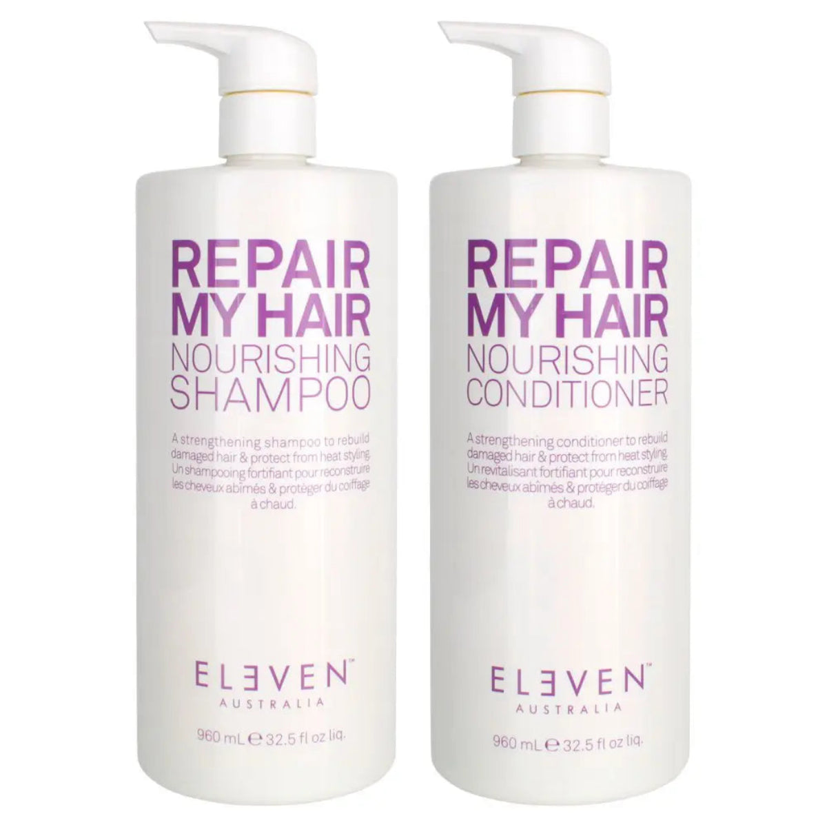 Two white pump bottles of ELEVEN AUSTRALIA Repair My Hair Nourishing Shampoo and Conditioner side by side on a white background.