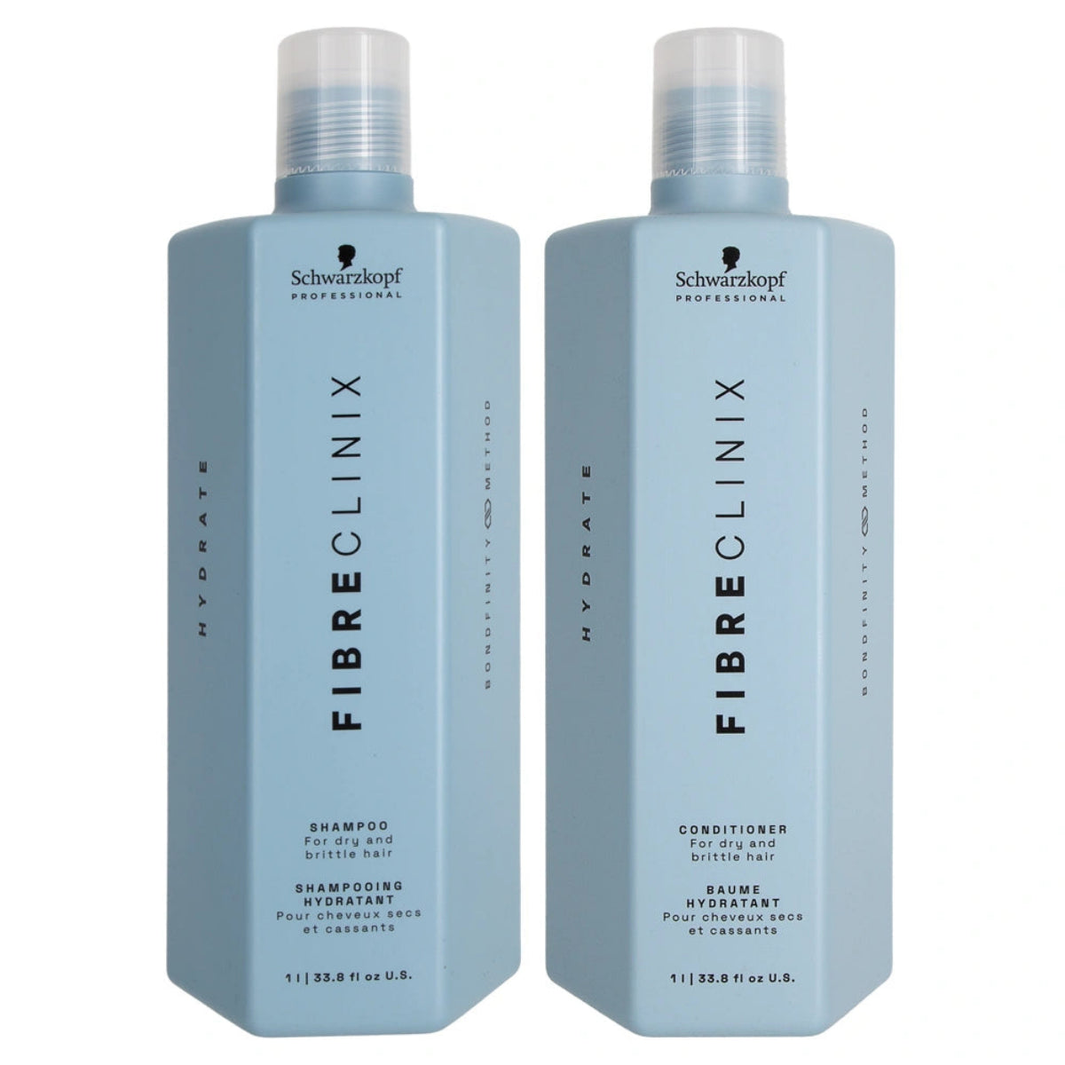 Two light blue bottles of Schwarzkopf Professional FibreClinix hair care products, showing Shampoo and Conditioner, on a solid white background.