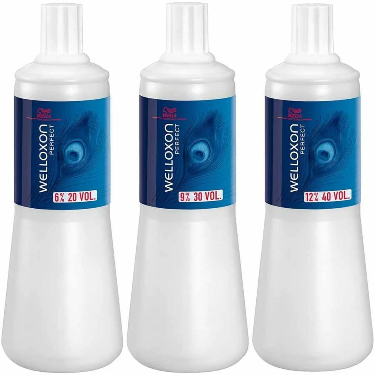 Three bottles of Welloxon Perfect hair color with different concentrations on a white background
