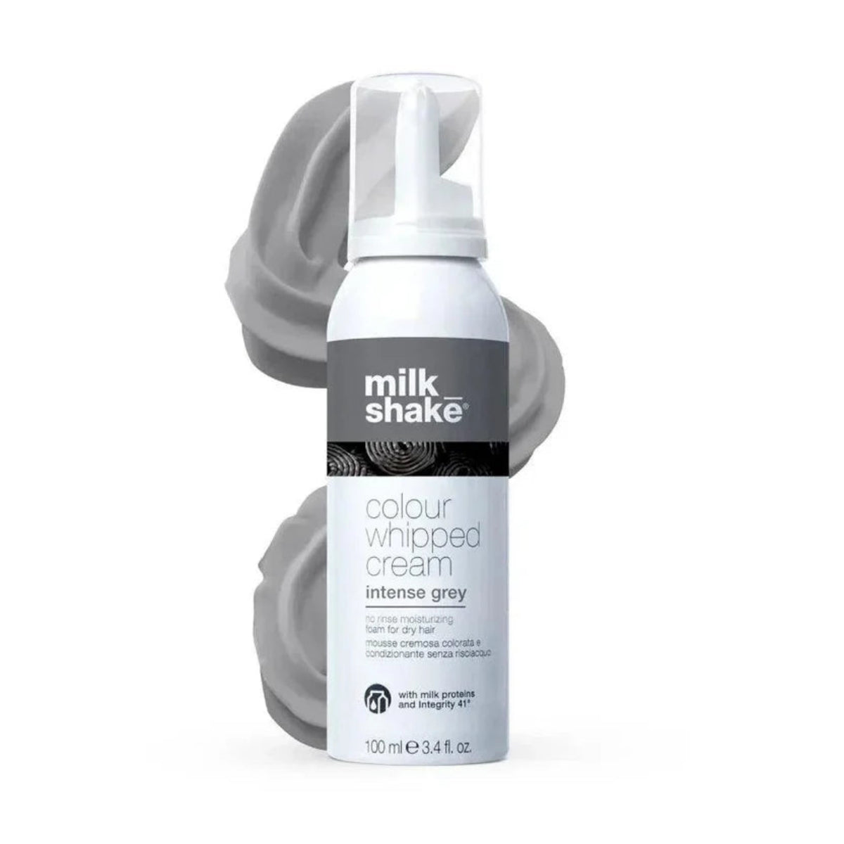 A 100 ml can of Milk Shake Colour Whipped Cream in intense grey, shown on a white background with a grey whipped cream swirl behind it.