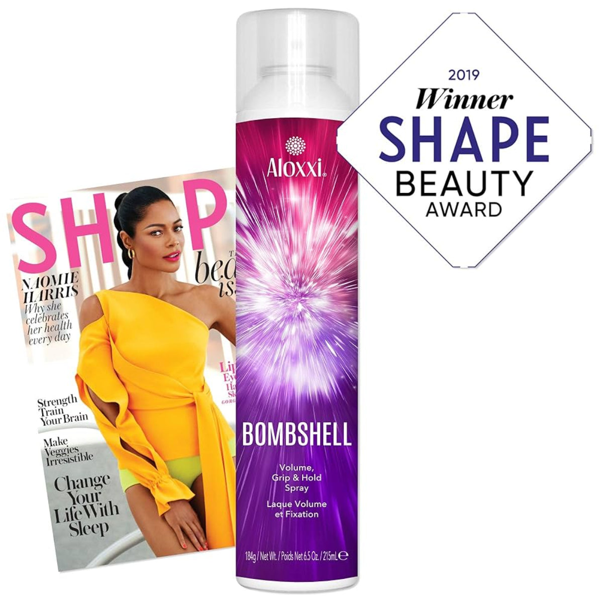 Aloxxi Bombshell Volume Grip & Hold Spray with a magazine featuring a woman in a yellow dress on a white background.