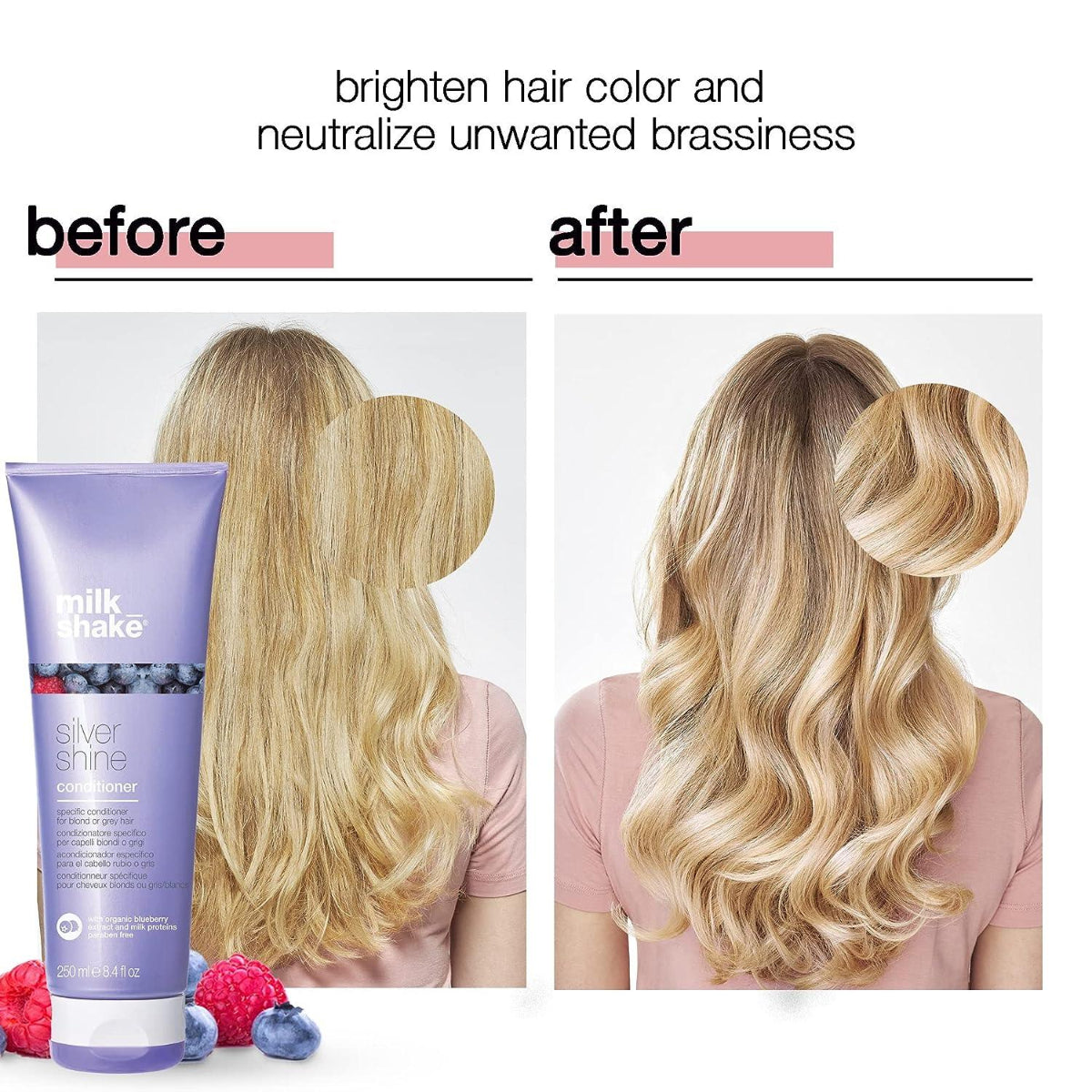 Before and after comparison of hair color treatment with a tube of 'milk shake' product.