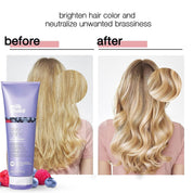 Before and after comparison of hair color treatment with a tube of 'milk shake' product.