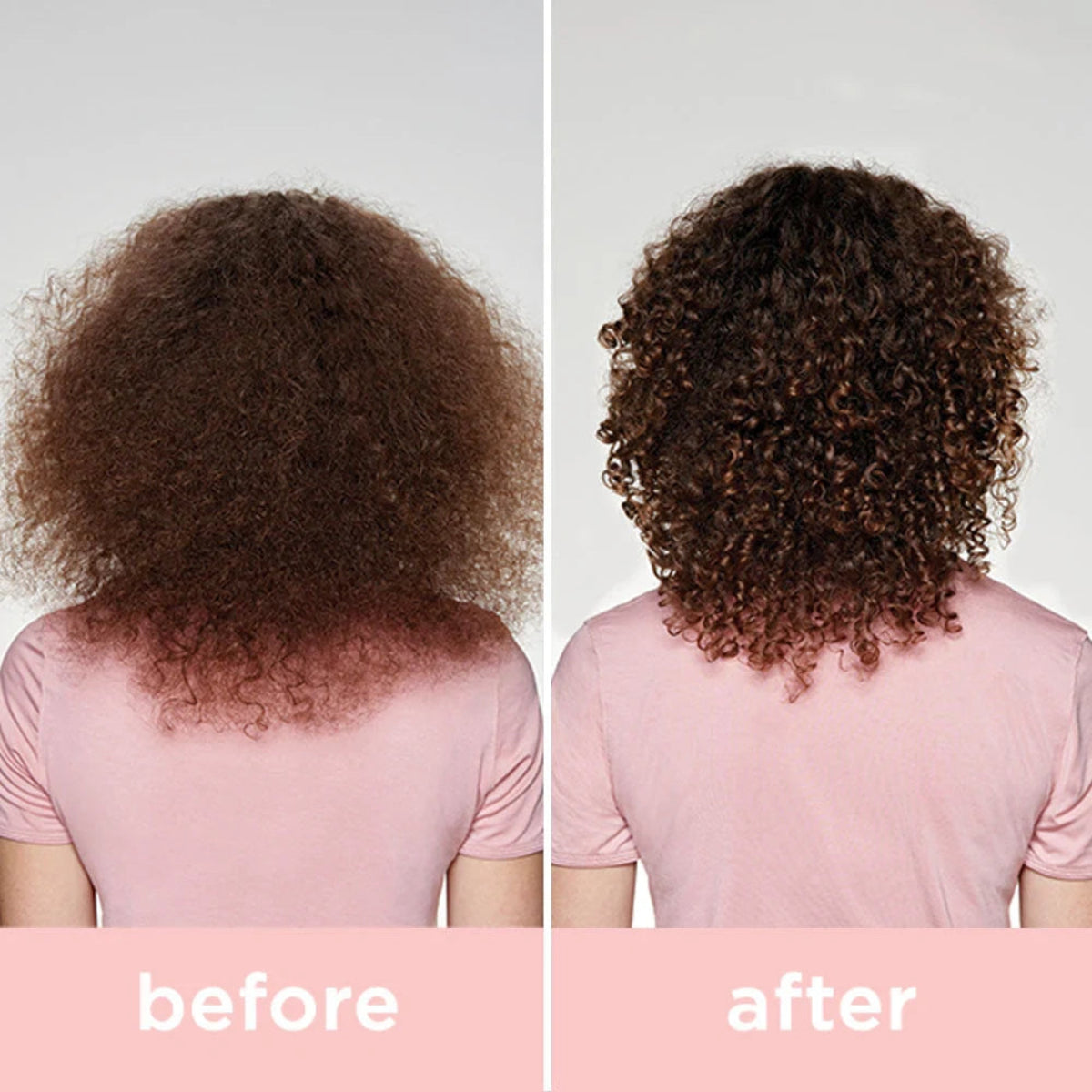 Before and after comparison of a person with curly hair wearing a pink shirt.