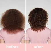 Before and after comparison of a person with curly hair wearing a pink shirt.