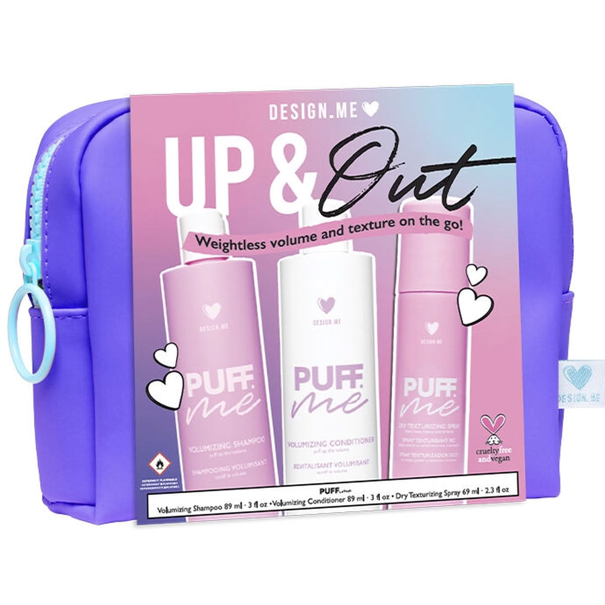 DESIGNME Puff.Me Travel Trio: Volumizing Shampoo, Conditioner & Dry Texturizing Spray