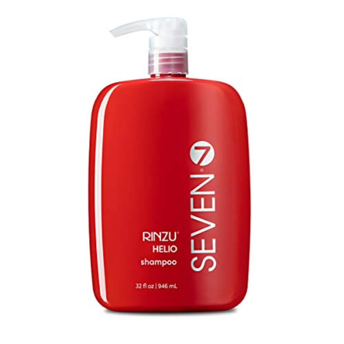 A 32 fl oz red bottle of RINZU HELIO shampoo by Seven 7, featuring a white pump dispenser and white text on a clean white background.