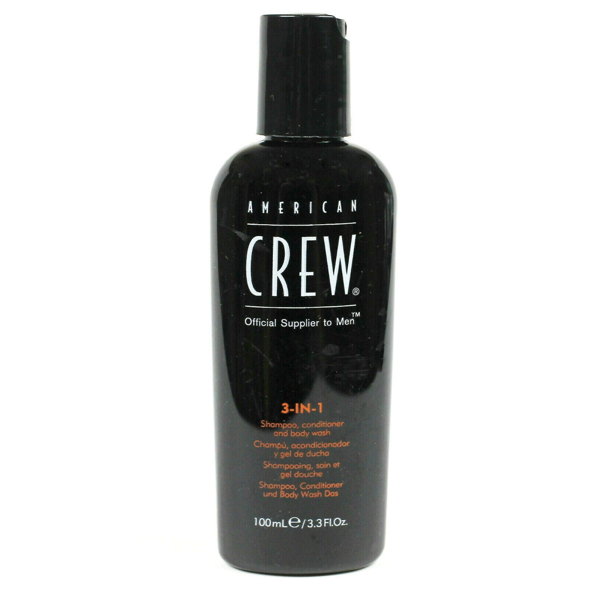 Black bottle of American Crew 3-in-1 product on a white background