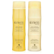 Two bottles of Alterna Bamboo Anti-Frizz Shampoo and Conditioner on a white background