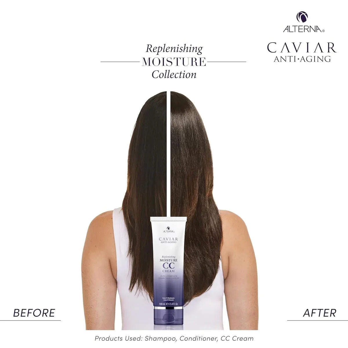 Before and after comparison of hair with Alterna Caviar Anti-Aging product application.