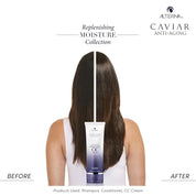 Before and after comparison of hair with Alterna Caviar Anti-Aging product application.